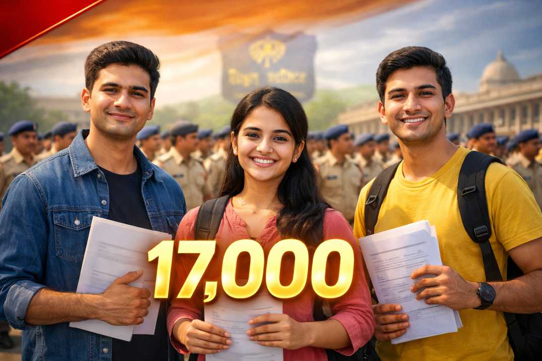 यह रहा आपके टाइटल “बड़ी खबर! Bihar Police में 17 हजार पदों पर भर्ती का ऐलान – युवाओं के लिए सुनहरा मौका” के लिए एक high-CTR, ultra-realistic featured image prompt 👇 🎯 Featured Image Prompt (Ultra-Realistic, Professional News Style) Prompt: A clean, professional, ultra-realistic featured image representing a major Bihar Police recruitment announcement for 17,000 posts in 2026. Scene & Subjects: • Show 2–3 Indian young aspirants (male & female, age 18–25) • Wearing simple casual or student attire • Holding documents or application forms (blurred, no readable text) • Looking hopeful and confident • In the background, show Bihar Police officers in uniform standing in formation (slightly blurred for depth effect) • Include a government building or police training ground setting Key Visual Elements: • A large bold glowing number “17,000” prominently displayed • Subtle Indian tricolor light effect in the background • A faint Bihar Police emblem (blurred, no exact logo details) • News-style red banner effect on top corner (no readable text) Style & Mood: • Ultra-realistic • Bright daylight • Professional news thumbnail style • High contrast, sharp focus on aspirants • 16:9 ratio
